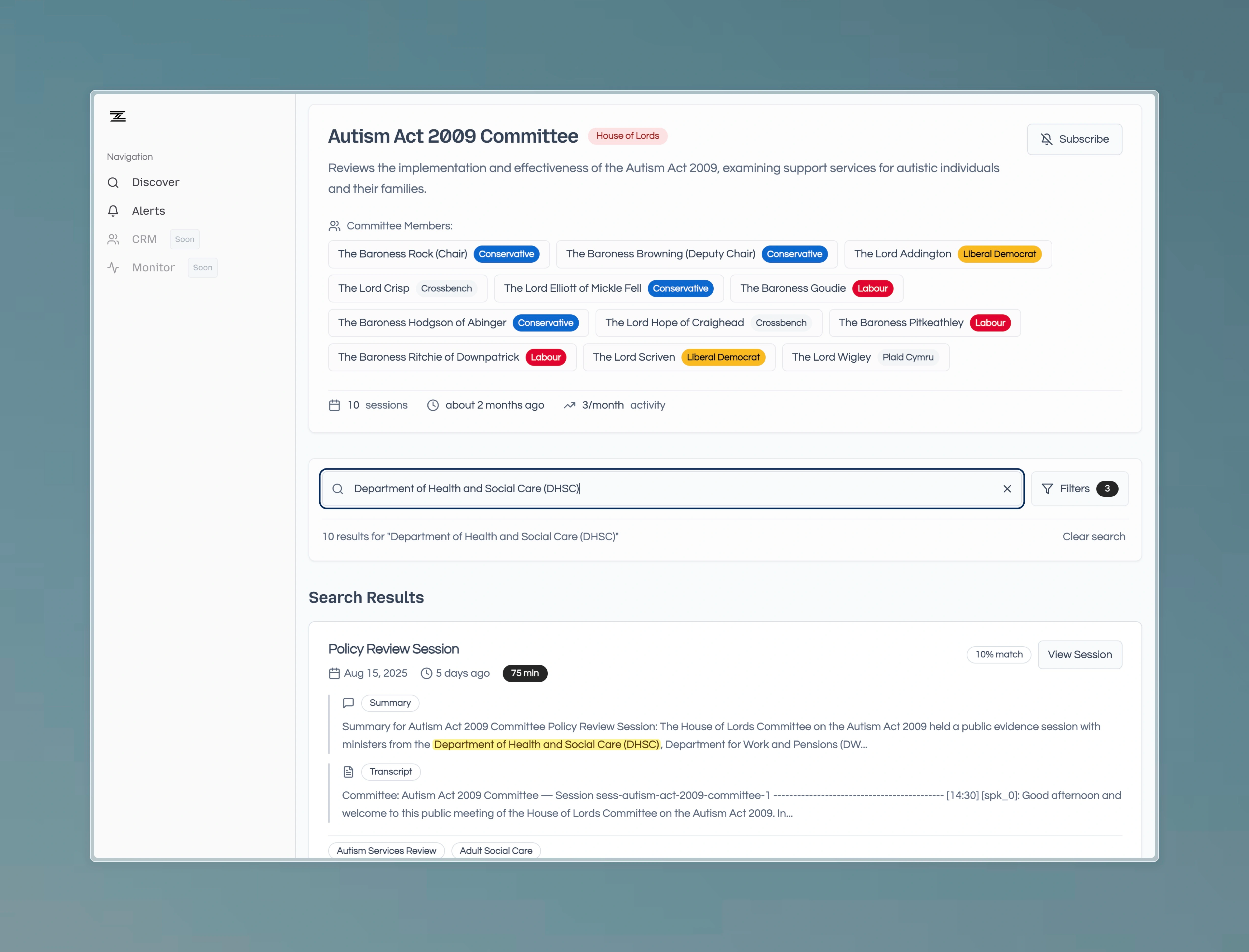 Search and Filter - Platform demonstration showing search across the full record